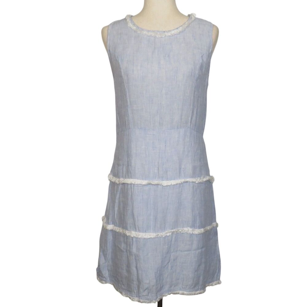 French Curve Blue Linen Sleeveless Dress With Fringe Detail Size Small